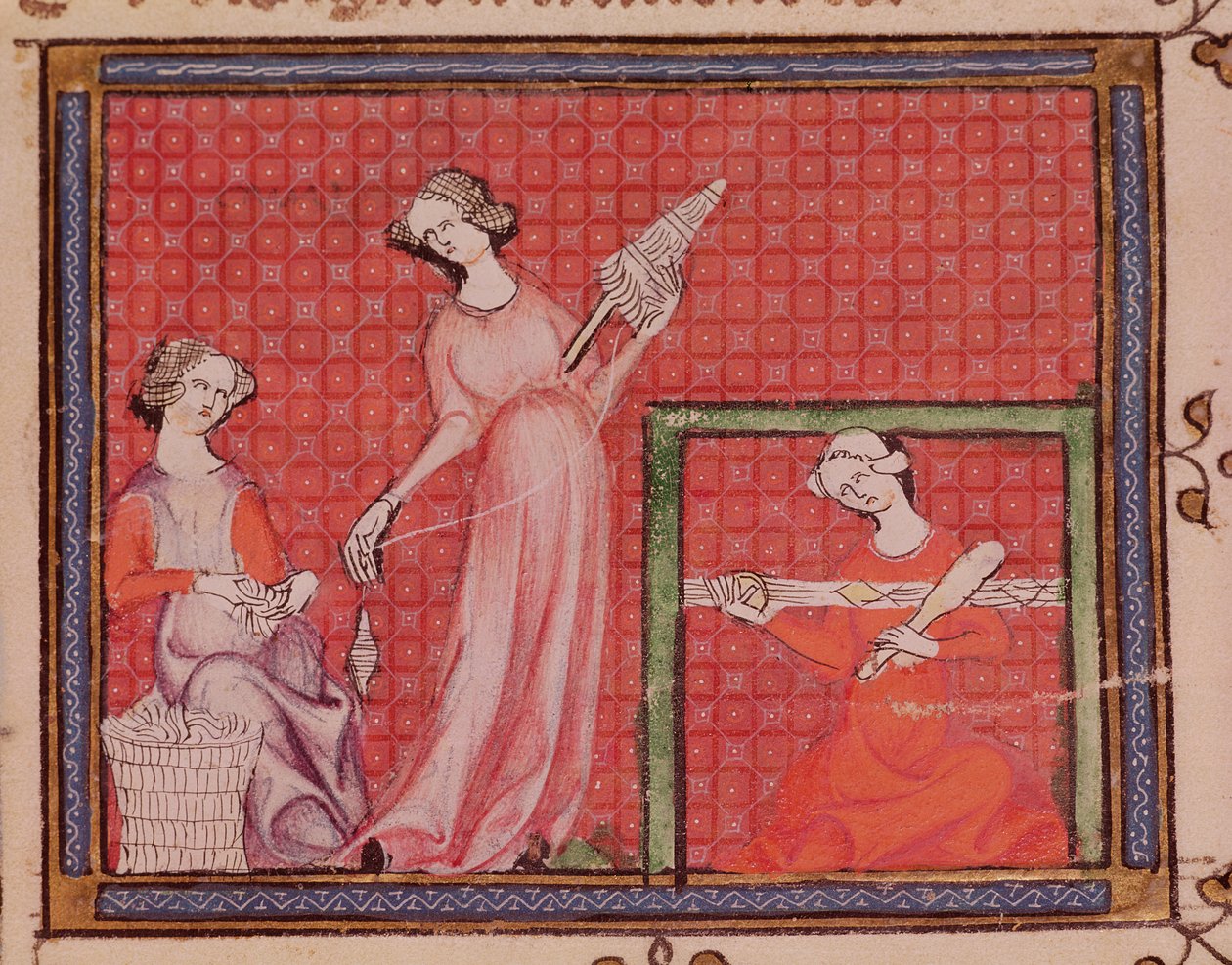 Ms 1044 f.101 Women Spinning Wool, z Ovide Moralise napisanej przez Chretiena Legouais autorstwa French School