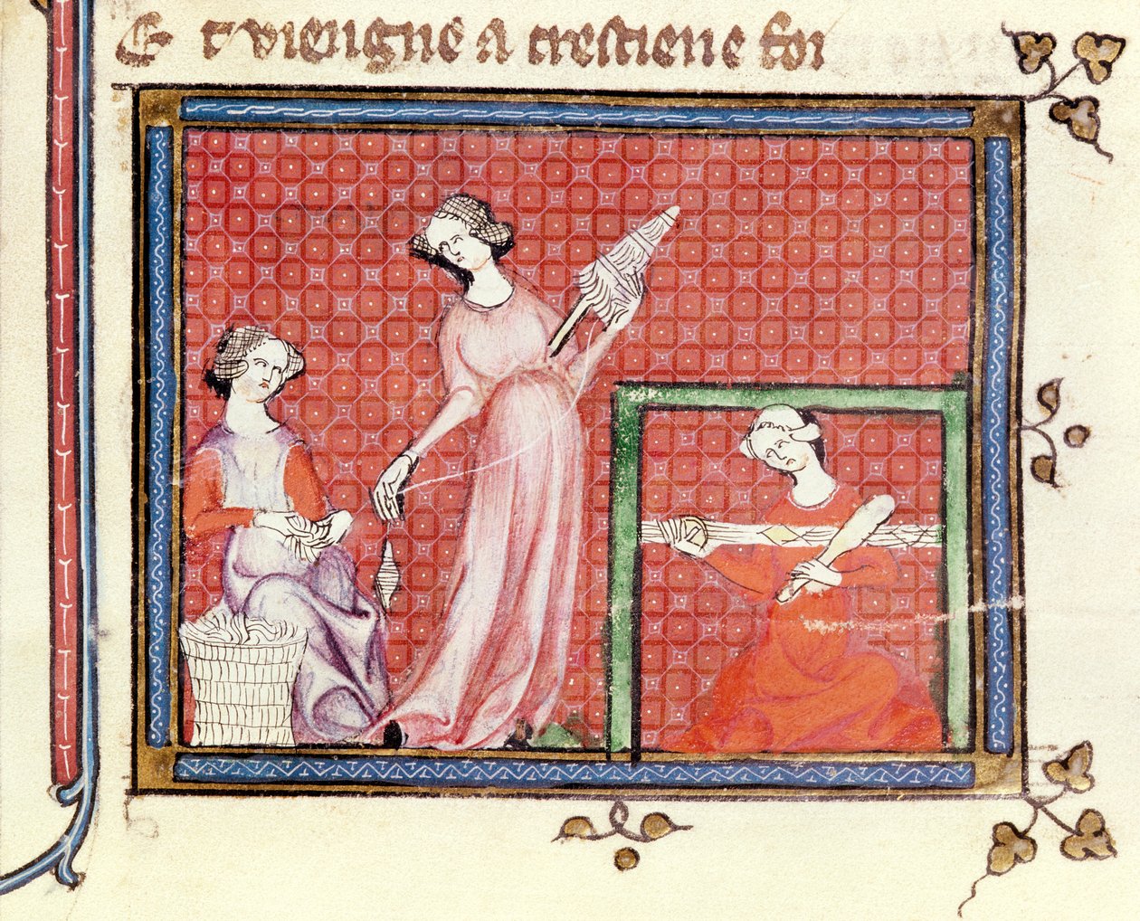 Ms 1044 fol.101 Silna niewiasta z Pisma Świętego wirująca ze swymi sługami, z Ovide Moralise autorstwa Chretiena Legouaisa autorstwa French School