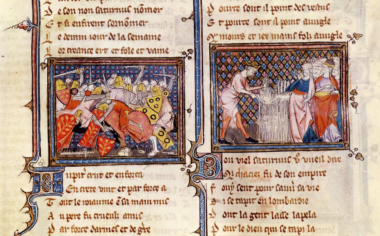 Ms 1044 fol.20 Jowisz kontra Saturn: Saturn uczy Longobardów posługiwania się sierpem, z Ovide Moralise napisanej przez Chretiena Legouaisa autorstwa French School