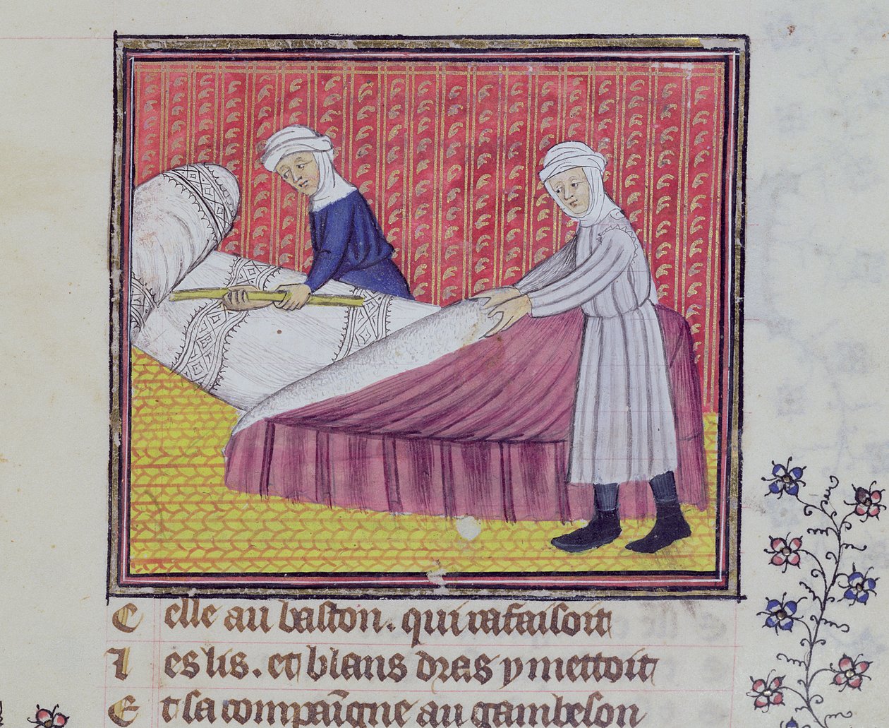 Ms 1130 fol.83r Czystość i ubóstwo ścielenie łóżka, z Le Roman des Trois Pelerinages Guillaume de Digulleville autorstwa French School
