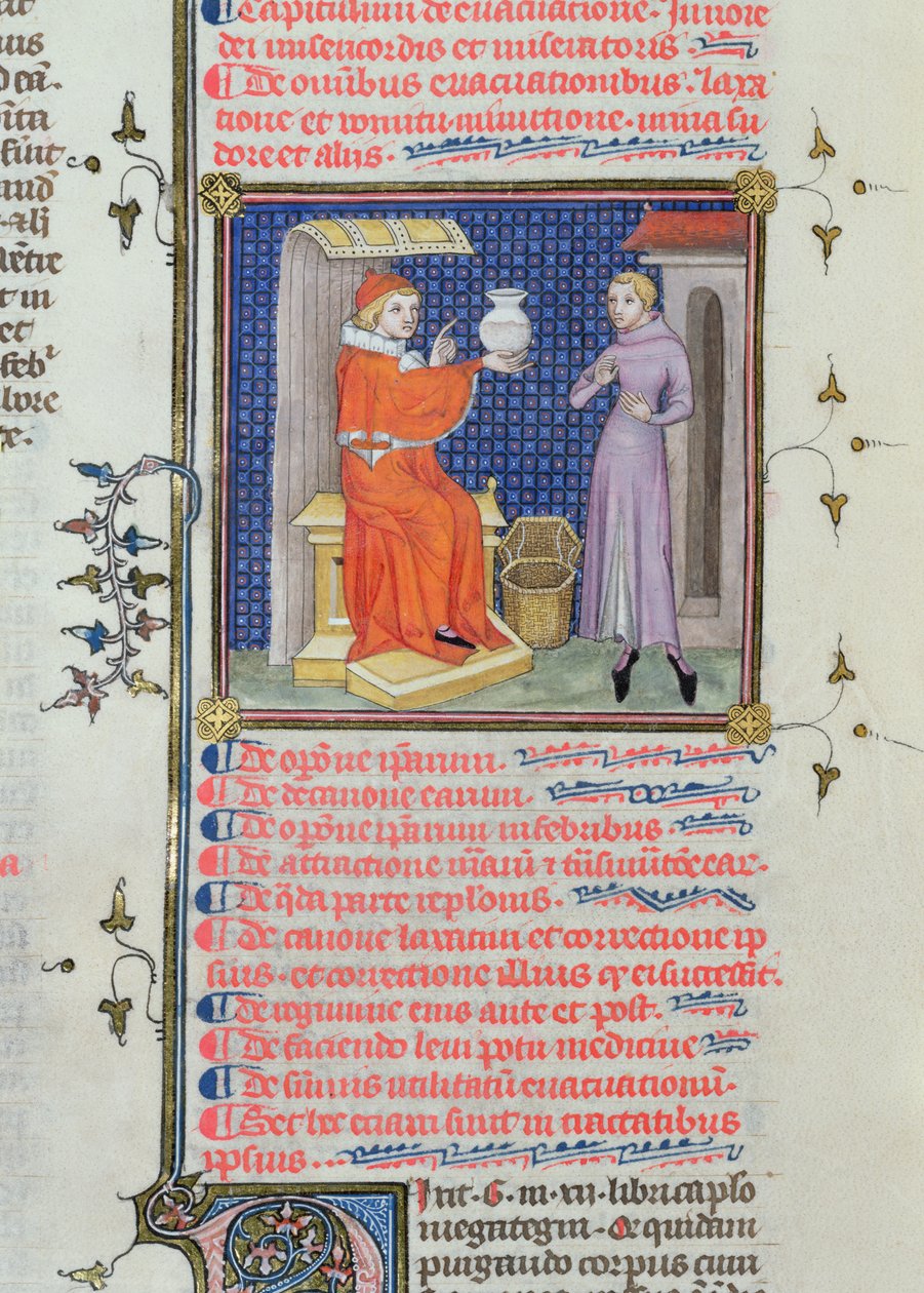 Ms 126 fol.200v Lekarz wykonujący analizę moczu, z rękopisu Rhazesa (Ibn Zakariya) (860-c.923) autorstwa French School