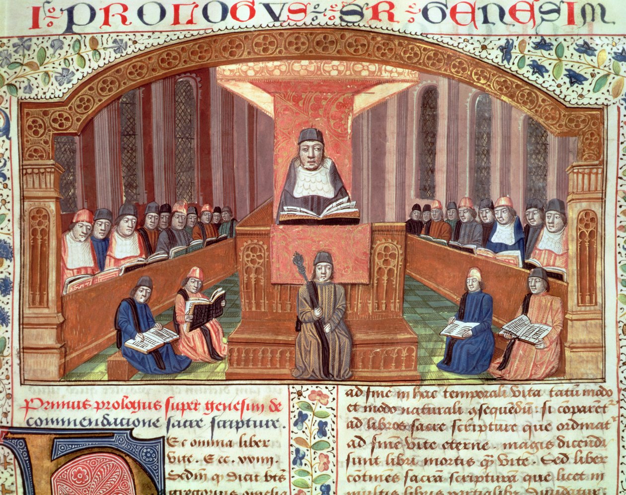 Ms 129 f.32 Lekcja teologii na Sorbonie, z Postilles sur le Pentateuch, ilustracja do tekstu autorstwa Nicolasa de Lyre autorstwa French School