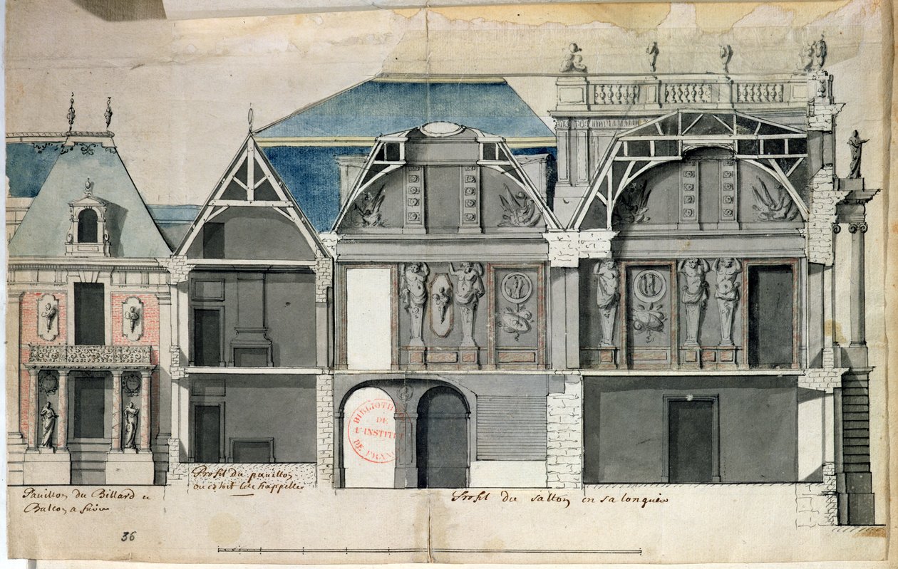 Ms 130736 Przekrój skrzydła pałacu wersalskiego zbudowanego przez Louisa Le Vau ((1612-70) (wc na papierze) autorstwa French School