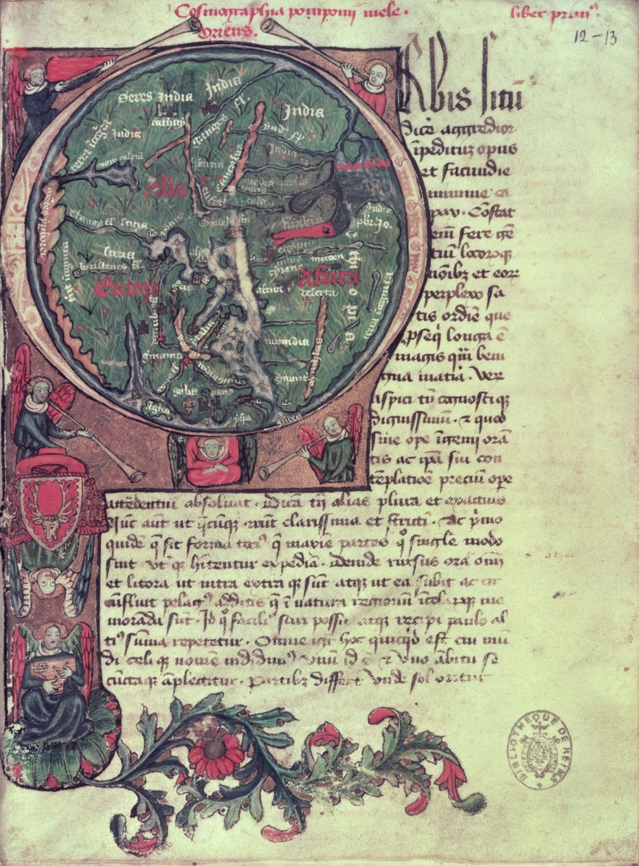 Ms 1321 fol.12 Historyczny inicjał „O” przedstawiający Ziemię, z „De Situ Orbis” Pomponiusza Mela (fl.c.50 AD) 1418 autorstwa French School