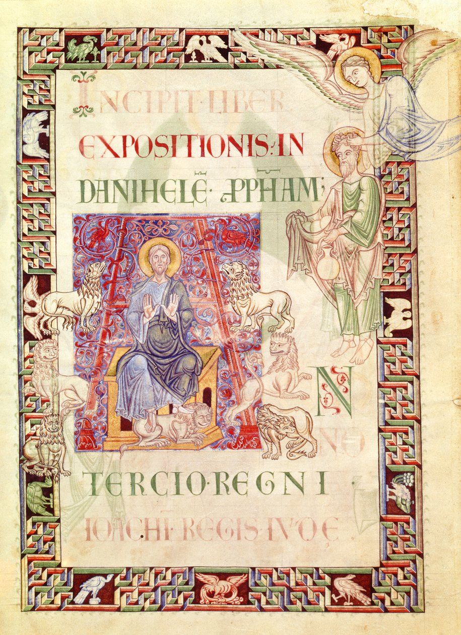 Ms 132 f.2v Daniel w Lions Den Fed Habakuka, z Explanatio in Prophetas et Ecclesiasten św. Hieronima autorstwa French School