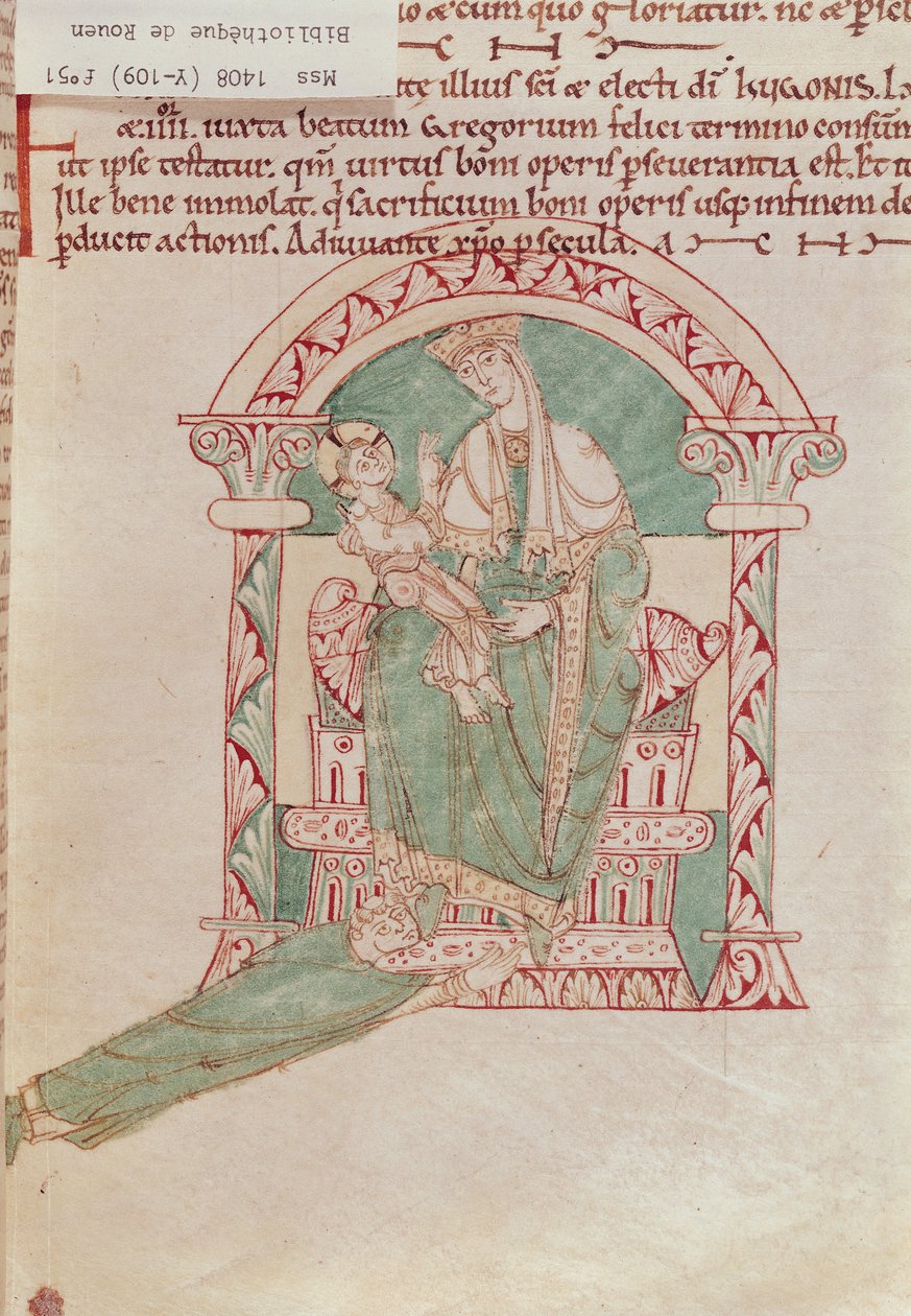 Ms 1408 fol.51 Dziewica z Dzieciątkiem ze św. Grzegorzem Wielkim (540-604) z Sermons et Vies de Saints autorstwa French School