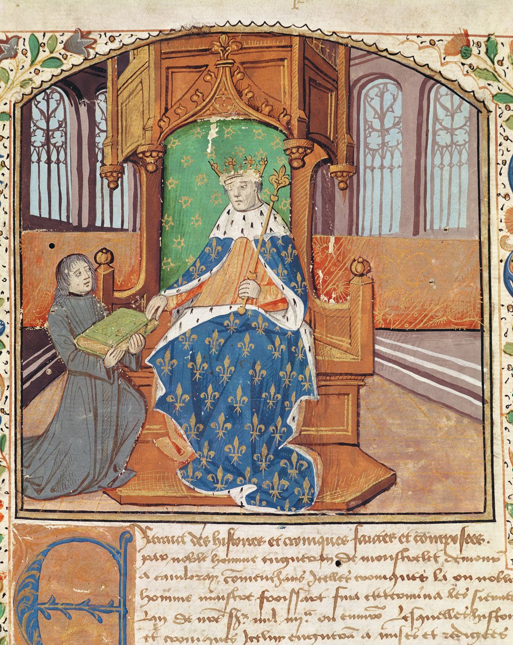 Ms 1468 fol.1 Autor ofiarowuje swoją księgę królowi Karolowi VII, z Les Chroniques de Monstrelet autorstwa French School