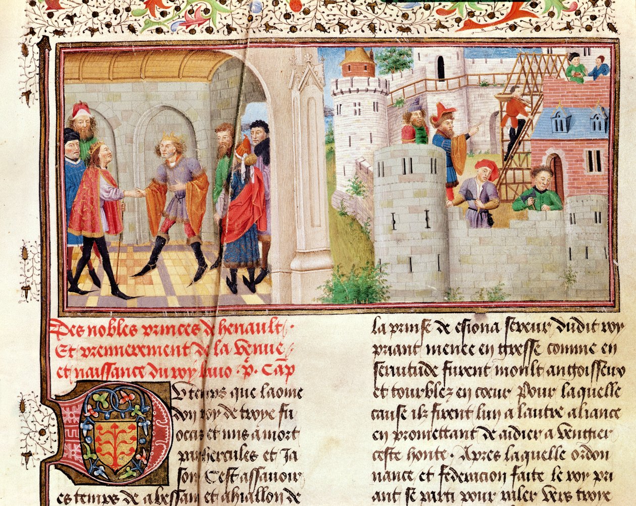 Ms 149 t.1 fol.16 Umowa i budowa zamku, z Histoire des Nobles Princes de Hainaut, Jacques de Guise autorstwa French School