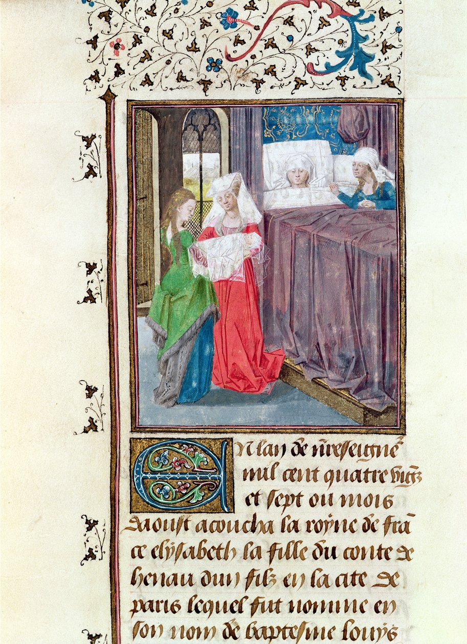 Ms 149 t.3 f.119 Narodziny Ludwika (1187-1226) w 1187, z Histoire des Nobles Princes de Hainaut, Jacques de Guise autorstwa French School