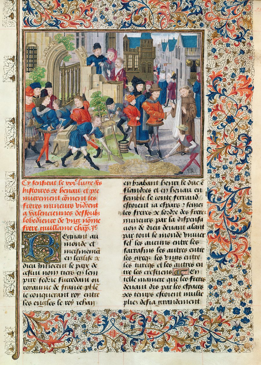 Ms 149 t.3 f.235 Budowa fundamentów klasztoru nieletnich w Valenciennes, z Histoire des Nobles Princes de Hainaut, Jacques de Guise autorstwa French School