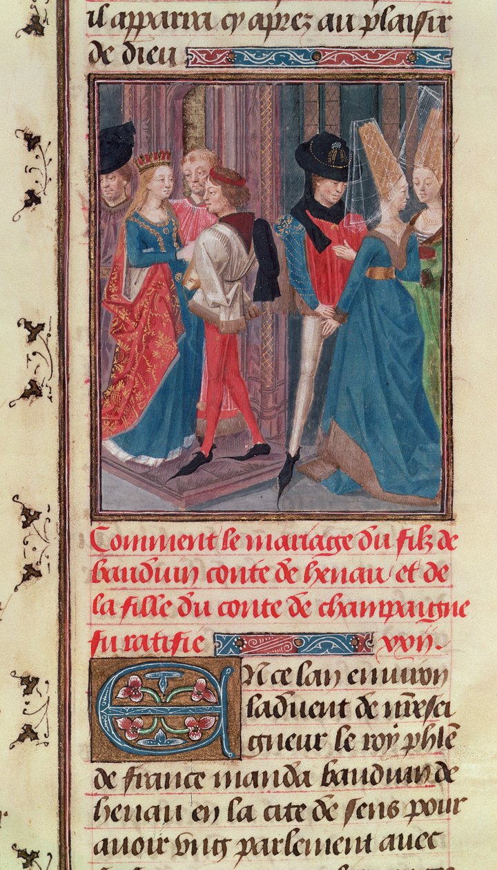 Ms 149 t.3 fol.105 Ślub Baldwina VI i Marii, córki hrabiego Szampanii, z Histoire des Nobles Princes de Hainaut, przez Jacques de Guise autorstwa French School
