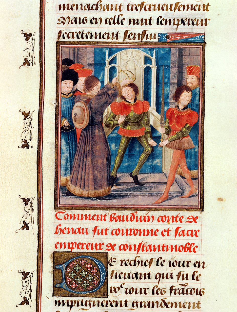 Ms 149 t.3 fol.183v Jak Baldwin I (1171-1205) Szósty hrabia Hainaut, został koronowany na cesarza Konstantynopola w 1204, z Histoire des Nobles Princes de Hainaut, Jacques de Guise autorstwa French School