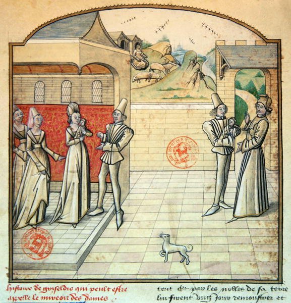 Pani 1560 Griseldis i jej mąż markiz de Saluces, ilustracja z „Fleur des Histoires”, wg Giovanniego Boccaccio (welum) autorstwa French School