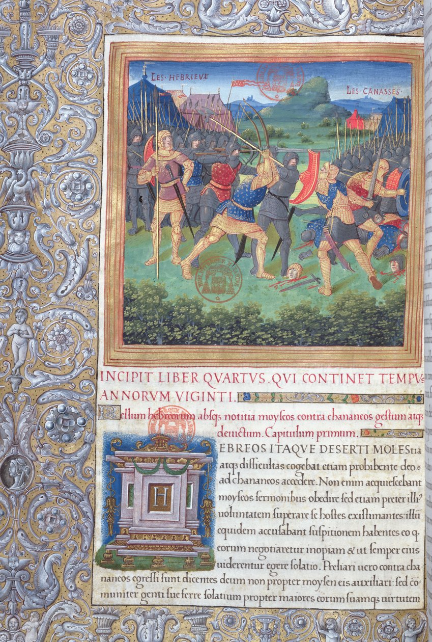 pani 1581 f. 071 Ilustracja z Księgi IV (Od odrzucenia tego pokolenia do śmierci Mojżesza), rozdział 1 Starożytności Żydów (Antiquitates Judaicae) autorstwa Flawiusza Józefa - Walka autorstwa French School