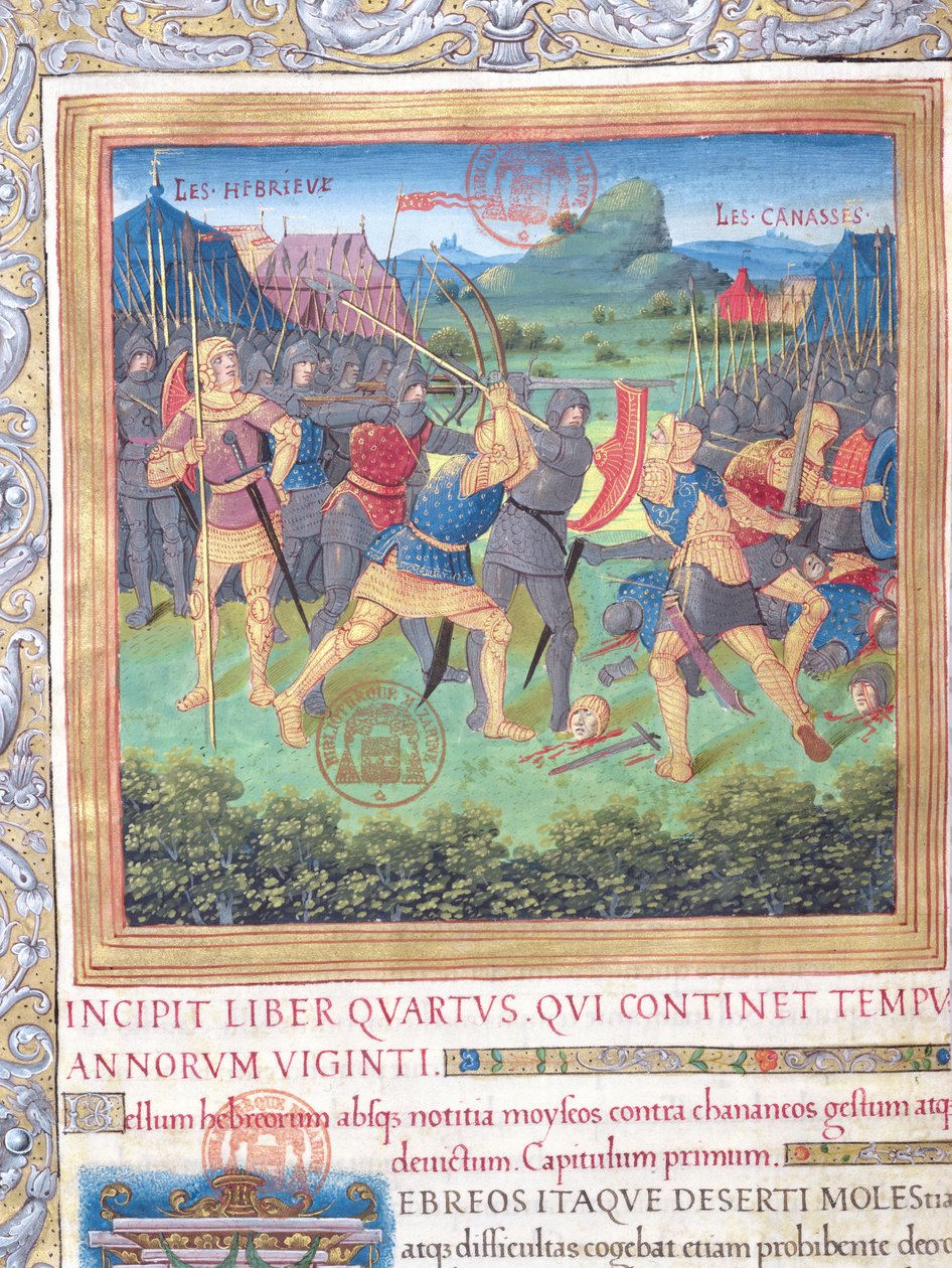 pani 1581 f. 071 Ilustracja z Księgi IV (Od odrzucenia tego pokolenia do śmierci Mojżesza), rozdział 1 Starożytności Żydów (Antiquitates Judaicae) autorstwa Flawiusza Józefa - Walka autorstwa French School