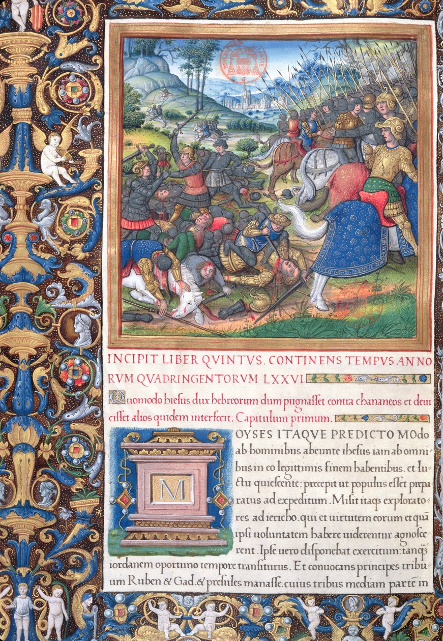 pani 1581 f. 089v Ilustracja z Księgi V (Od śmierci Mojżesza do śmierci Helego), rozdział 1 Starożytności Żydów (Antiquitates Judaicae) Flawiusza Flawiusza – Jak Jozue, dowódca autorstwa French School