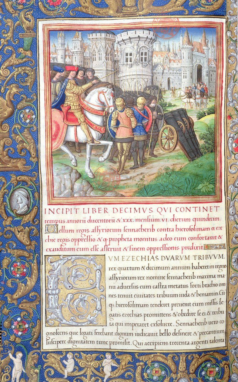 pani 1581 f. 195v Ilustracja z Księgi X (od niewoli dziesięciu plemion do pierwszego roku Cyrusa), rozdział 1 Starożytności Żydów (Antiquitates Judaicae) autorstwa Flawiusza Józefa Sennaca autorstwa French School