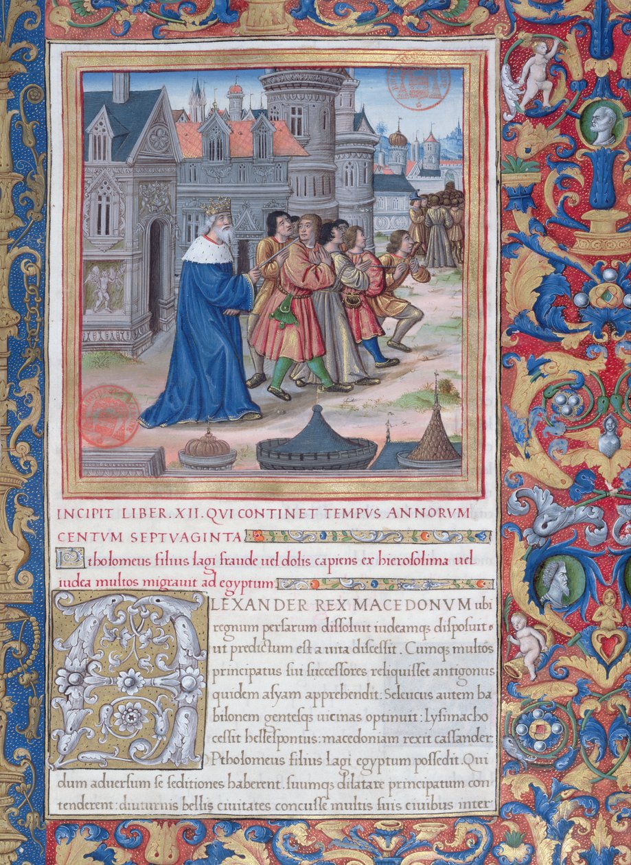 pani 1581 f. 228 Ilustracja z księgi XII (Od śmierci Aleksandra Wielkiego do śmierci Judasza Machabeusza), rozdział 1 Starożytności Żydów (Antiquitates Judaicae) autorstwa Flawiusza Józefa autorstwa French School