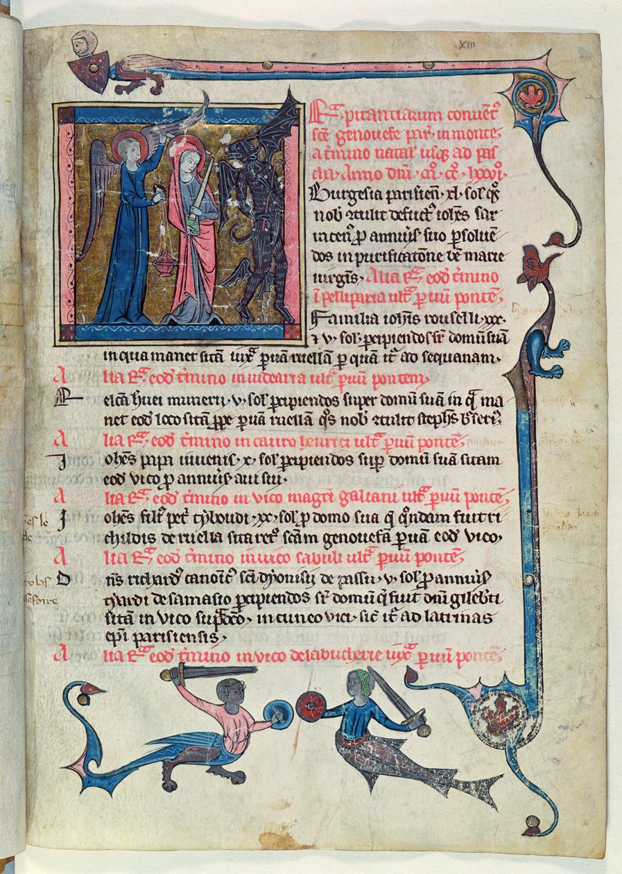 Ms 16261 fol.13v St Genevieve walczący z demonem przy pomocy anioła, z Censier de lAbbaye Sainte-Genevieve autorstwa French School