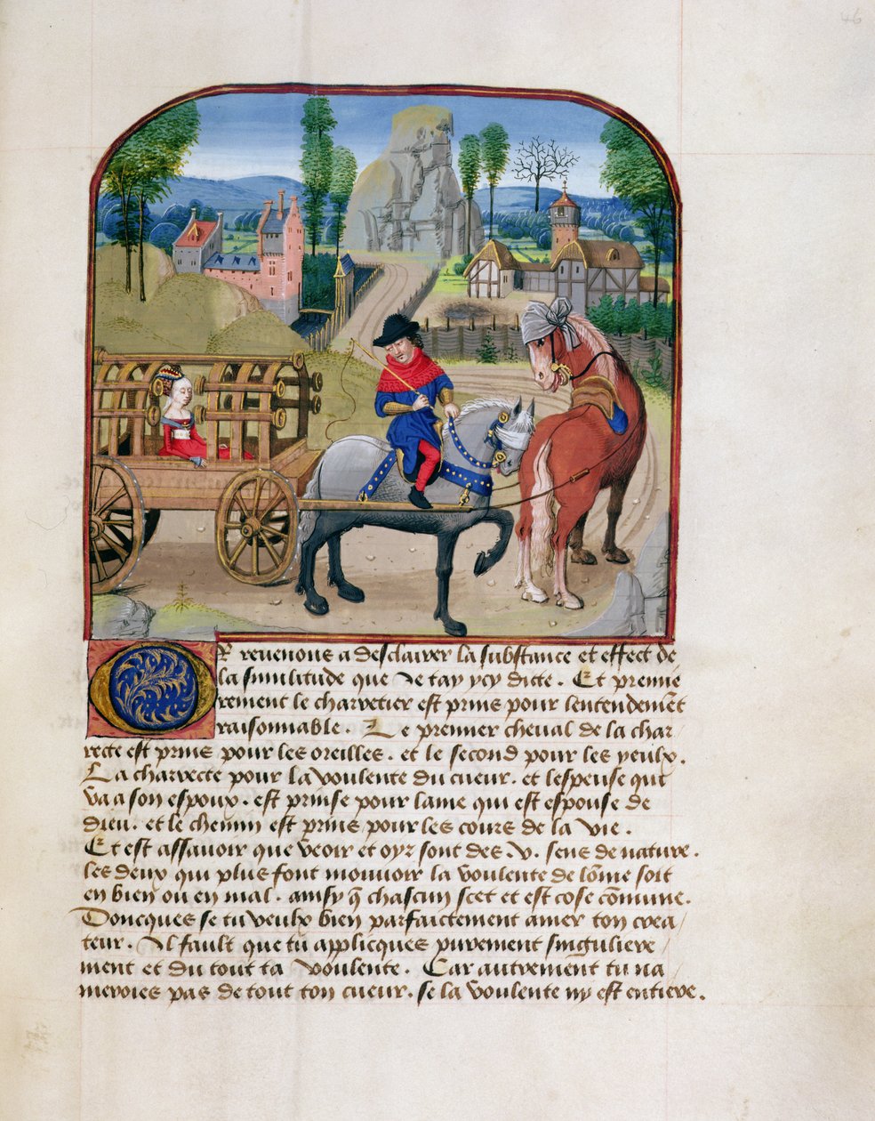 Ms 165 fol.46r Dama w krytym wozie ciągniętym przez dwa konie, z l