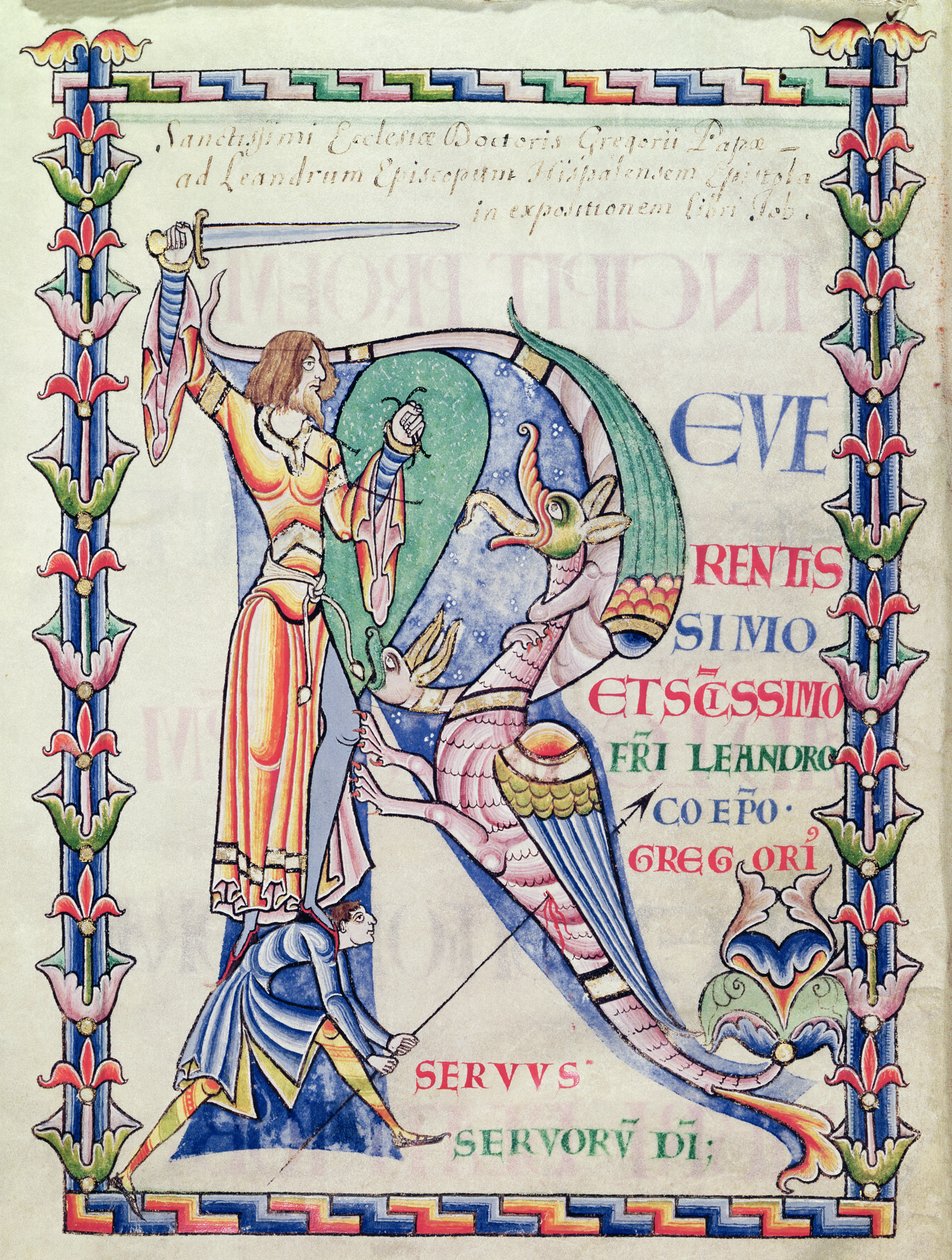 Ms 168 f.4v Historyczny inicjał R przedstawiający rycerza walczącego ze smokiem, z Moralia w Hiobie papieża Grzegorza Wielkiego autorstwa French School