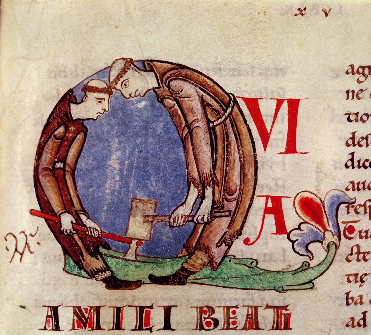 Ms 170 fol.59 Historyczny inicjał Q przedstawiający mnichów rąbiących drewno, z Moralii w Hiobie papieża Grzegorza Wielkiego autorstwa French School