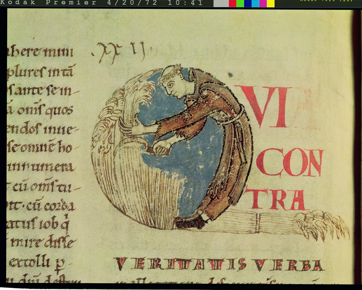 Ms 170 fol.75v Historyczny inicjał Q przedstawiający cysterskiego mnicha żniwnego na polach, z Moralii w Hiobie papieża Grzegorza Wielkiego autorstwa French School