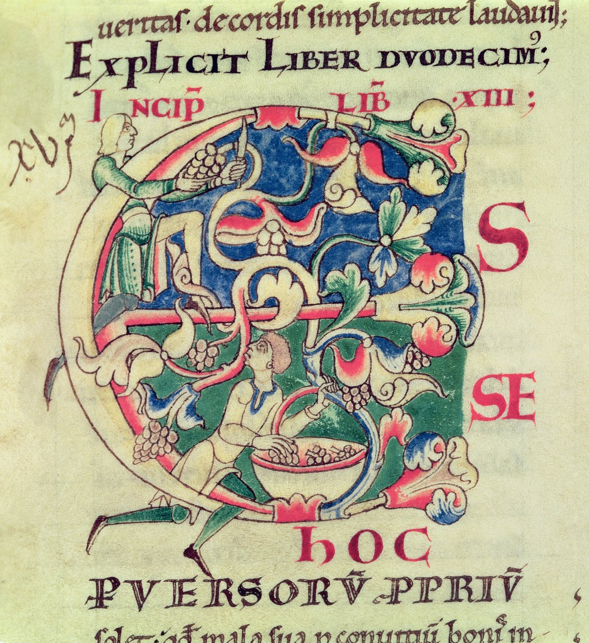 Ms 173 f.32 Historyczny inicjał E przedstawiający winobranie, z Moralia in Job autorstwa papieża Grzegorza Wielkiego autorstwa French School