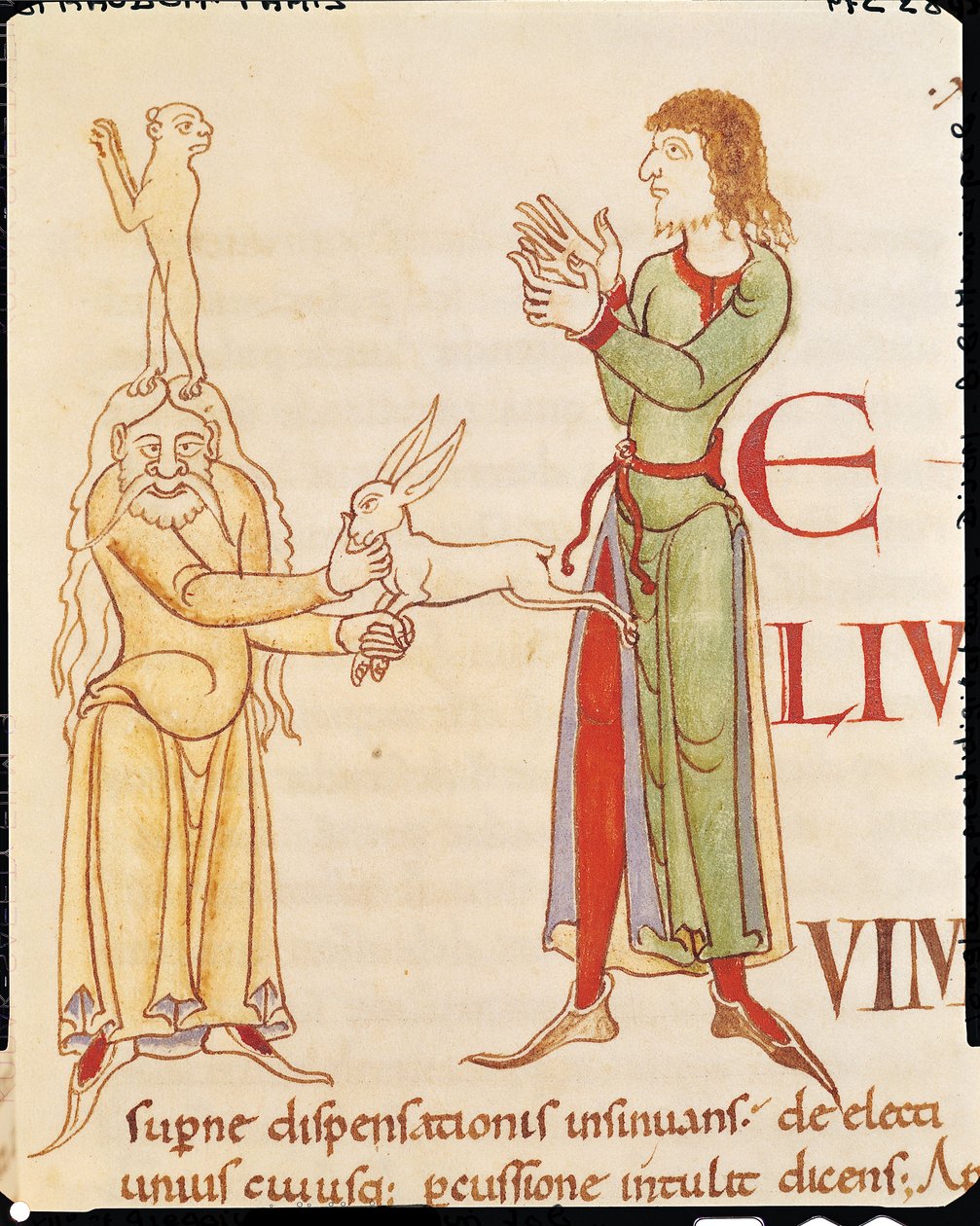 Ms 173 f.66r inicjał H w postaci dwóch kuglarzy, z Moralii w Hiobie papieża Grzegorza Wielkiego, szkoła burgundzka autorstwa French School