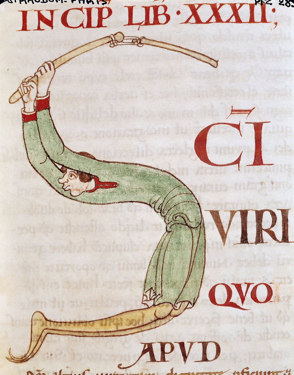 Ms 173 fol.148r Historyczny inicjał S przedstawiający młócącego człowieka, z Moralia in Job przez papieża Grzegorza Wielkiego autorstwa French School