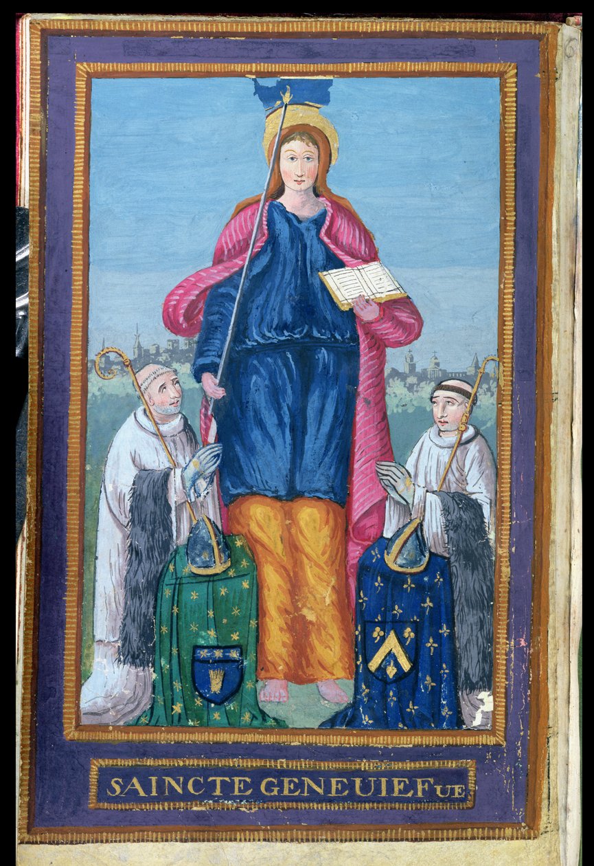 Ms 1847 Wizerunek św. Genowefy, z rękopisu o transporcie jej relikwiarza, 1594 autorstwa French School