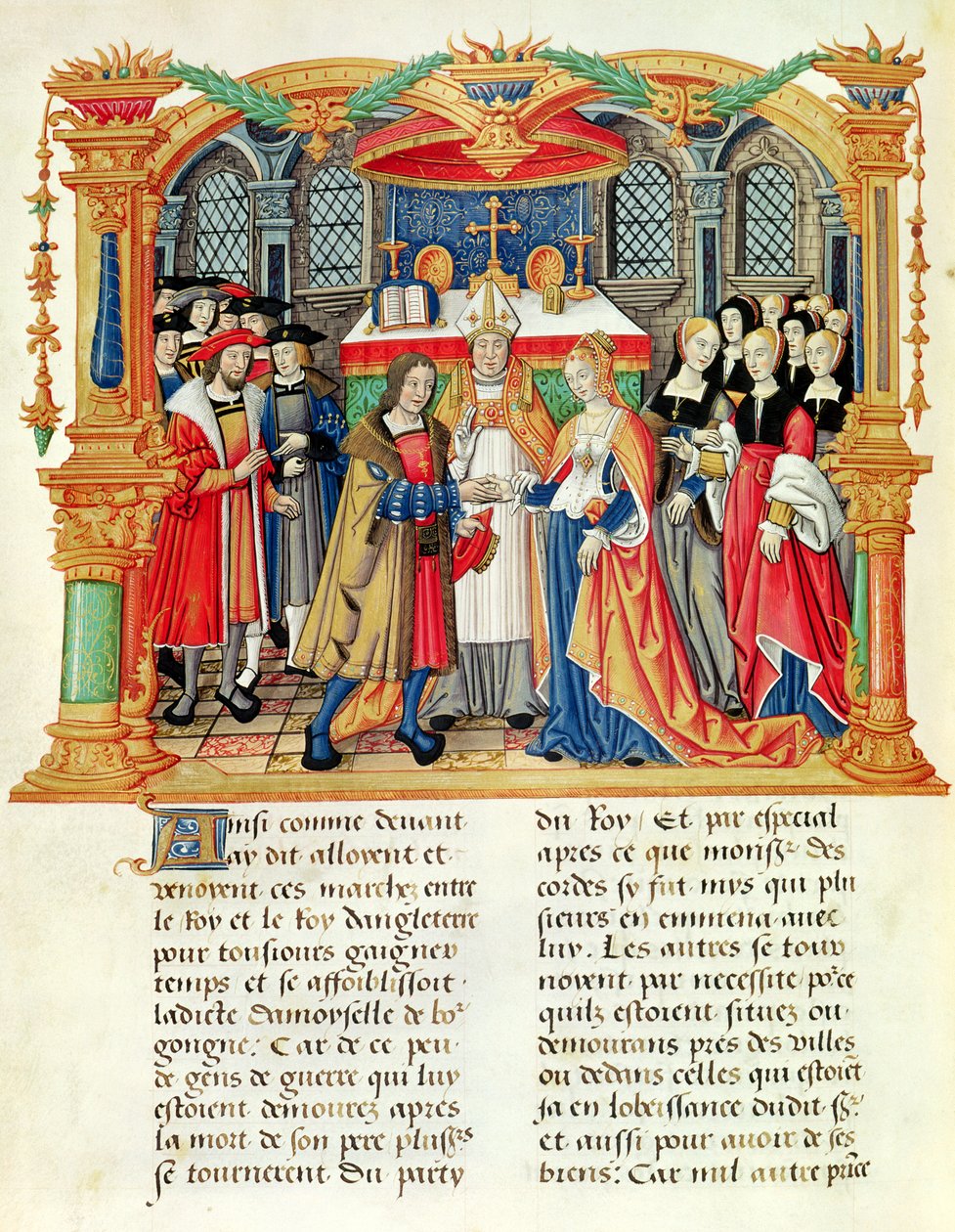 Ms 18 f.185v Ślub Marii Burgundii i Maksymiliana I, cesarza Austrii, z Pamiętników Filipa z Komin (1445-1509) autorstwa French School