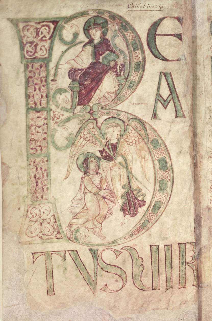 Ms 18 f.1v Historyczny inicjał B przedstawiający św. Jana Ewangelistę i Anioła z Psałterza z Corbie autorstwa French School