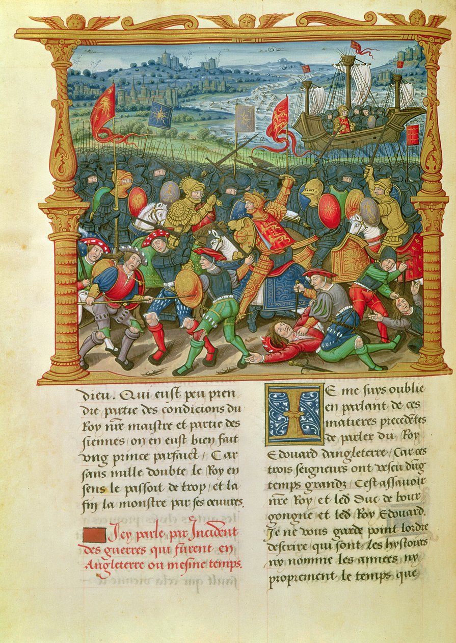 Ms 18 f.73v Król Edward III toczący wojnę w bitwie pod Crecy w 1346, z Pamiętników Filipa z Komun (1445-1509) autorstwa French School