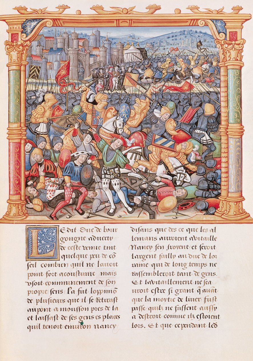 Ms 18 fol.150r Bitwa pod Nancy w 1477 r., z Memoires de Philippe de Commines autorstwa French School