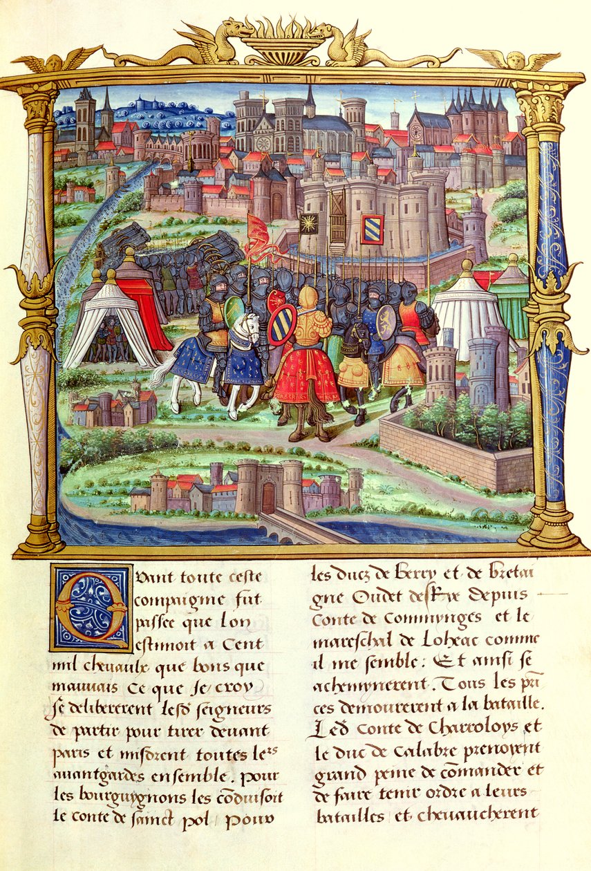 Ms 18 fol.19r Przybycie hrabiego Charolais i jego armii na oblężenie Paryża, z Memoires de Philippe de Comminnes, 1489-98 autorstwa French School