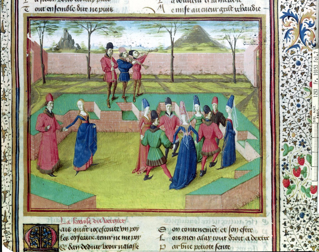 Ms 19153 f.7 Carole in the Orchard, ilustracja z Le Roman de la Rose autorstwa Jean de Meung, c.1460 autorstwa French School