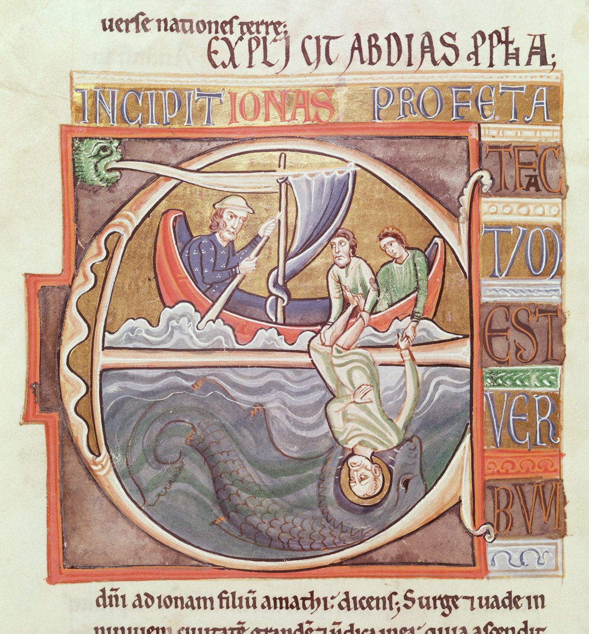 Ms 1 Fol.196v Historyczny inicjał E przedstawiający Jonasza wrzuconego do morza, z Biblii Souvigny, koniec XII wieku autorstwa French School