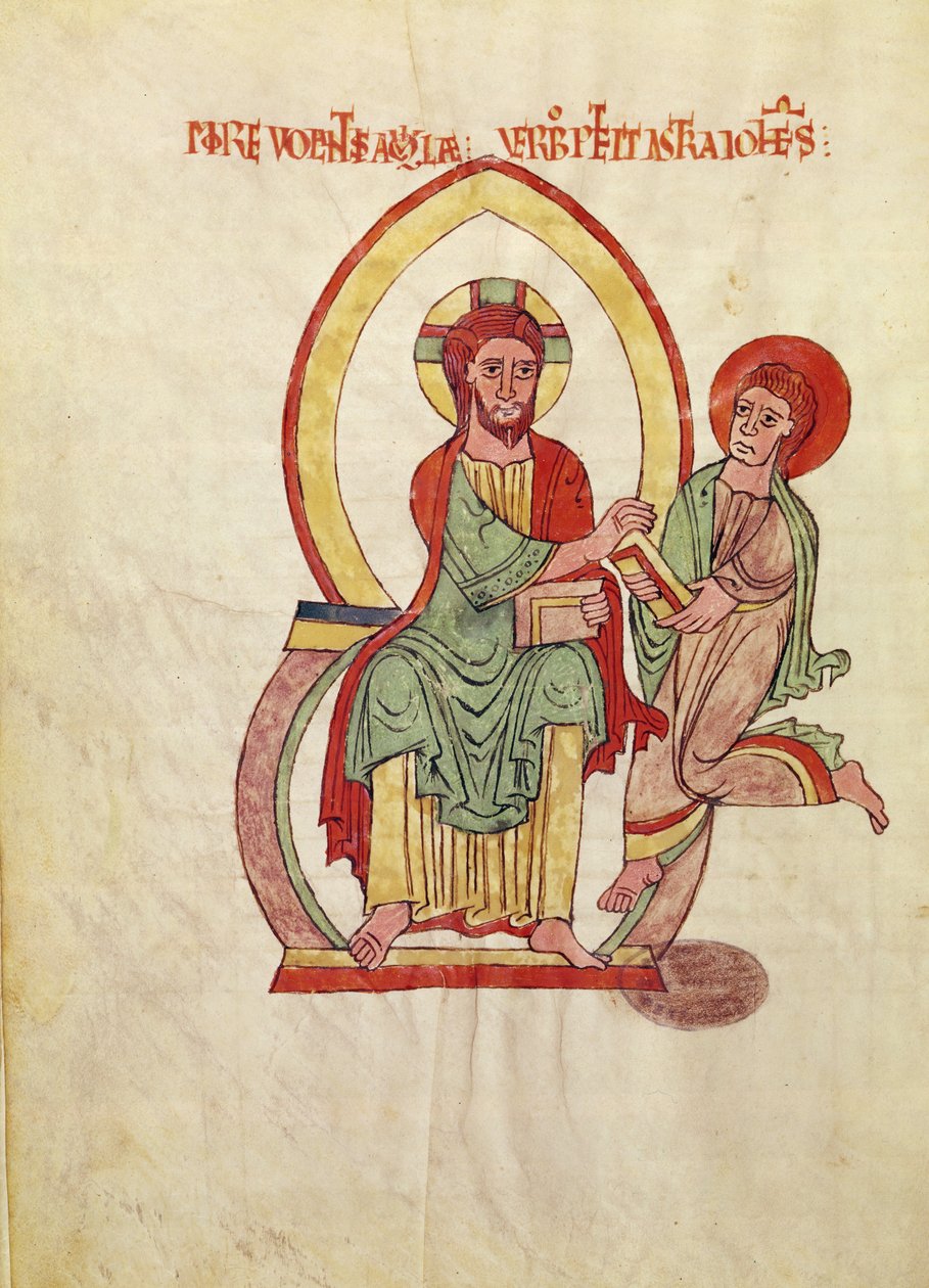 Ms. 1 Fol 111v Św. Jan biegnący po Ewangelię od Chrystusa, siedzący w mandorli, miniatura z Ewangelii Saint-Michel-de-Cuxa, ok. 1070-1130 autorstwa French School
