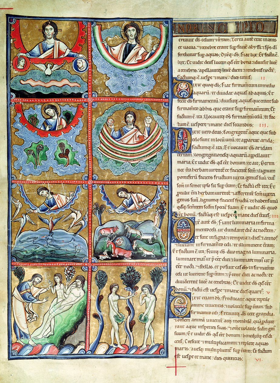 Ms 1 f.4v Stworzenie świata, z Biblii Souvigny autorstwa French School