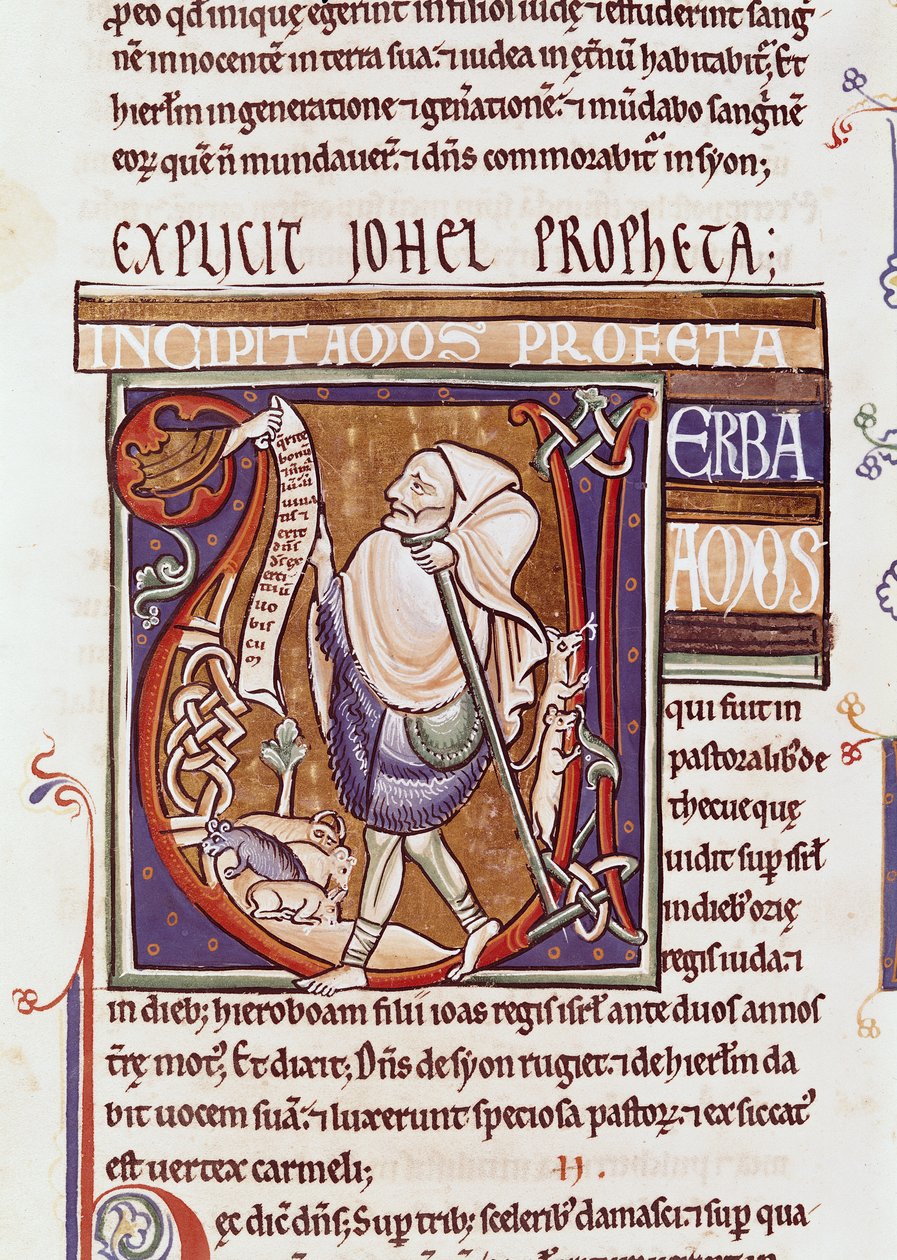 Ms 1 fol.194v Historyczny inicjał V przedstawiający Amosa, z Biblii Souvigny autorstwa French School