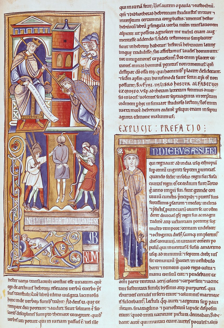 Ms 1 fol.284r Estera i Aswerus i powieszenie Hamana, z Biblii Souvigny autorstwa French School