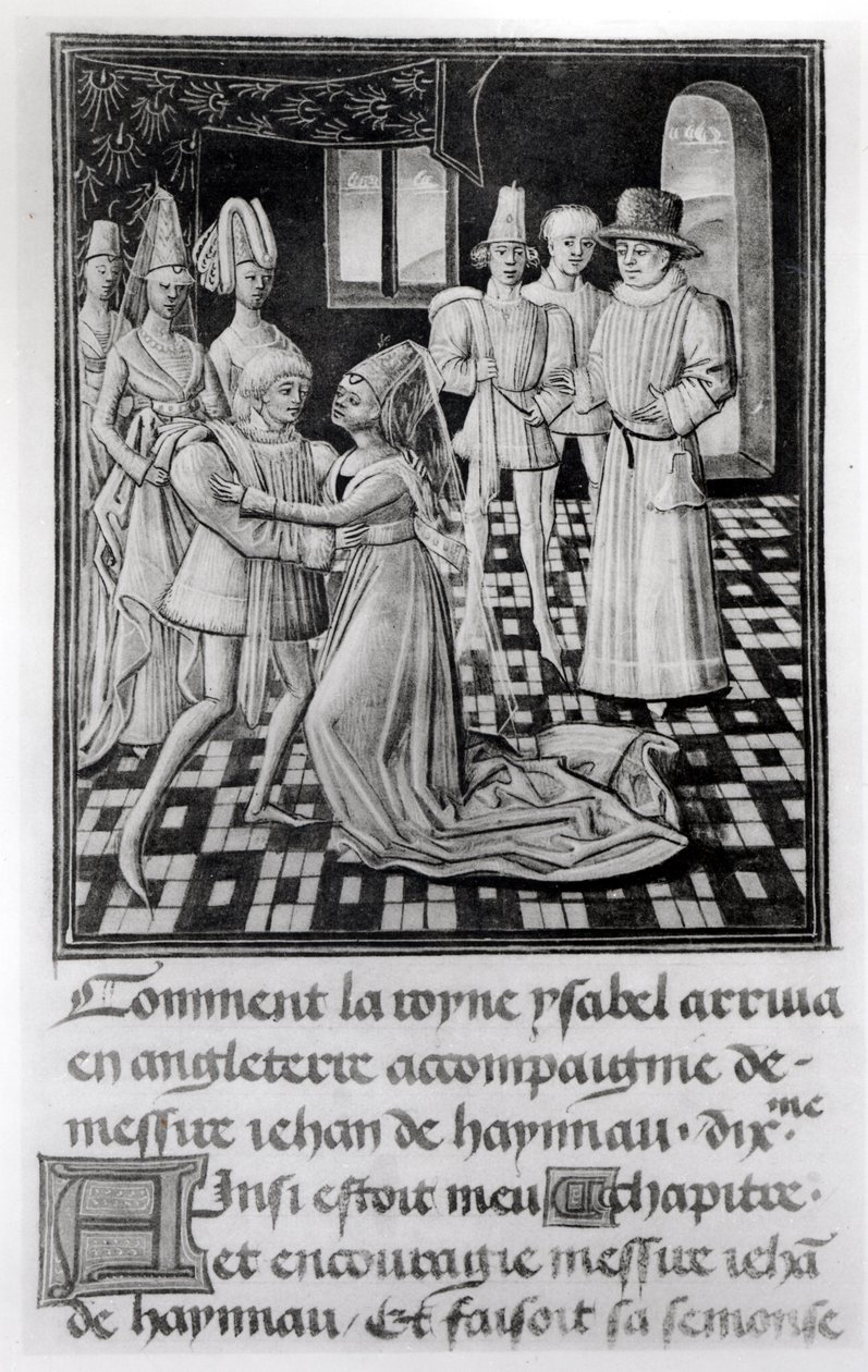 Pani 1 os. 6 v Izabela francuska, królowa Anglii, żegna Wilhelma I, hrabiego Hainaut, z Kroniki Froissarts autorstwa French School