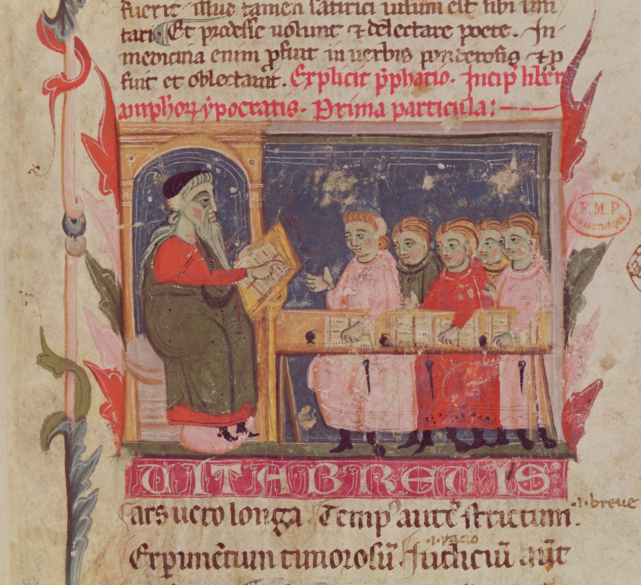 Pani 2046 fol. 1 Scena instruktażowa, fragment pierwszej strony „Aforyzmów” Hipokratesa z „Komentarzami” Galena (ok.130-ok.201), z rękopisu z dziełami Hipokratesa, Galena... (wellum) autorstwa French School