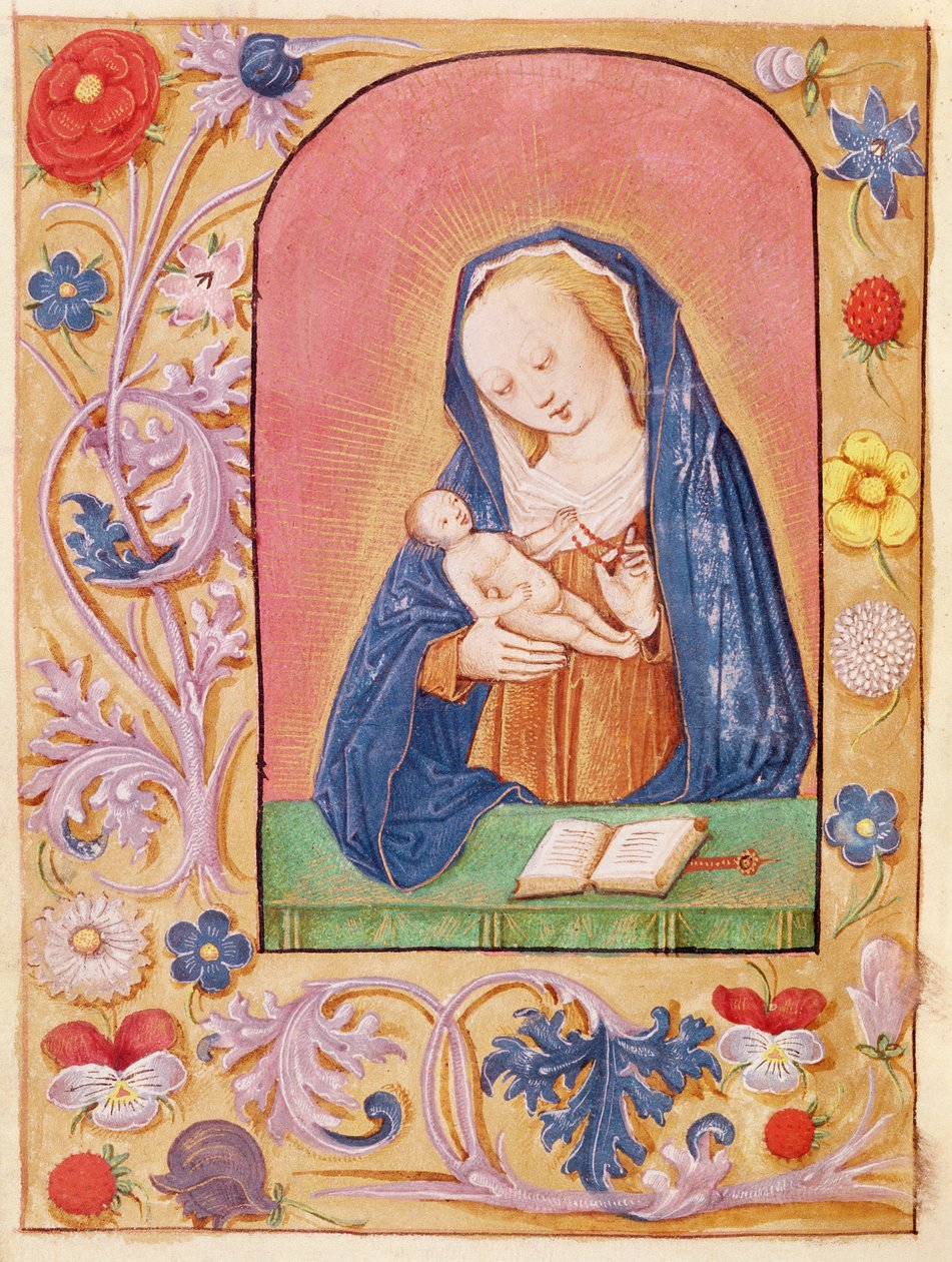 Ms 20 fol.42v Madonna z Dzieciątkiem bawiąca się różańcem, z Godzinek, początek XV w. autorstwa French School
