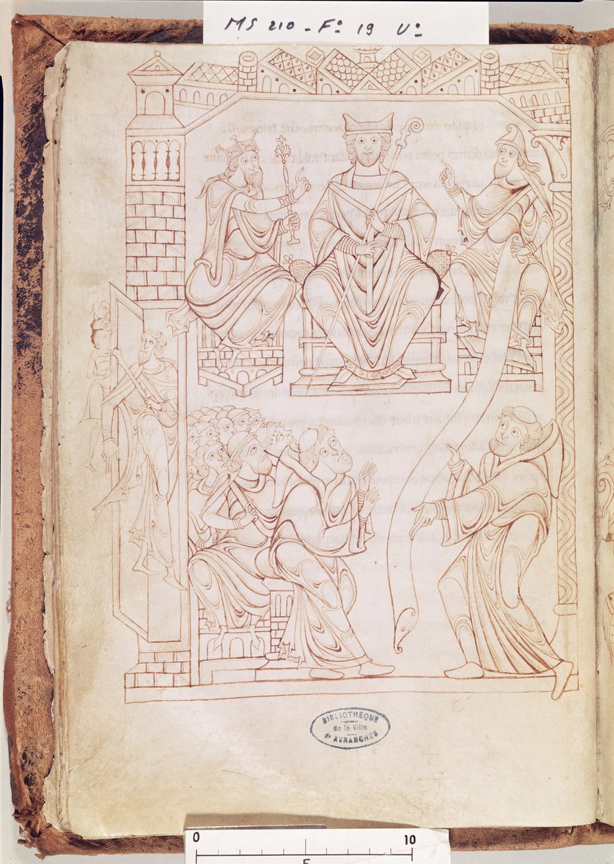 p. 210 fol 19v. Kartularz Mont Saint-Michel: książę Normandii Ryszard II, który podarował ziemie i przywileje klasztorowi Mont Saint-Michel, 1150 autorstwa French School