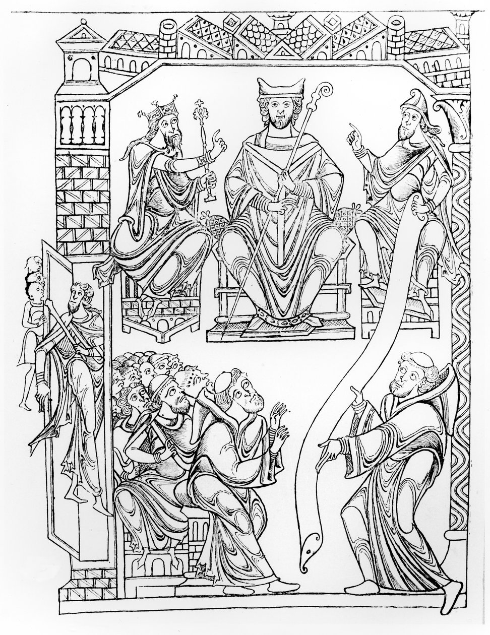 p. 210 fol 19v. Kartuarium Mont Saint-Michel: Książę Normandii Ryszard II darujący ziemie i przywileje klasztorowi Mont Saint-Michel (rycina według rysunku z 1150 roku) autorstwa French School