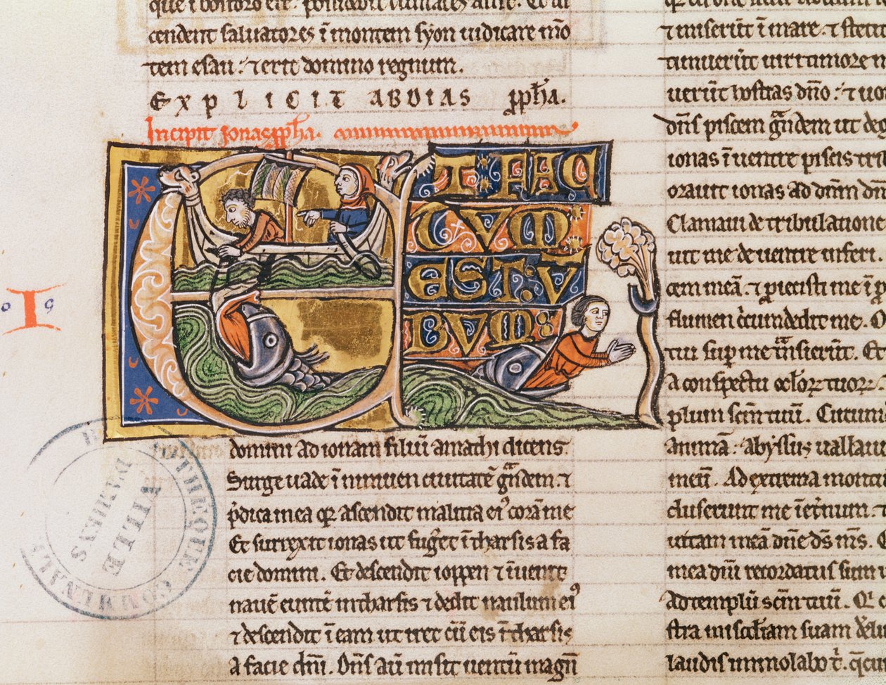 Ms 21 Fol.163v Historyczny inicjał E przedstawiający Jonasza wrzuconego do morza, z nieokreślonej Biblii autorstwa French School