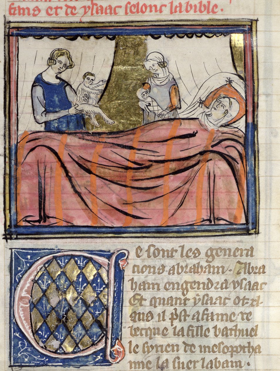 Ms 22 fol.30 Narodziny bliźniąt Jakuba i Ezawa, miniatura z Historii biblijnej Guiart des Moulins autorstwa French School