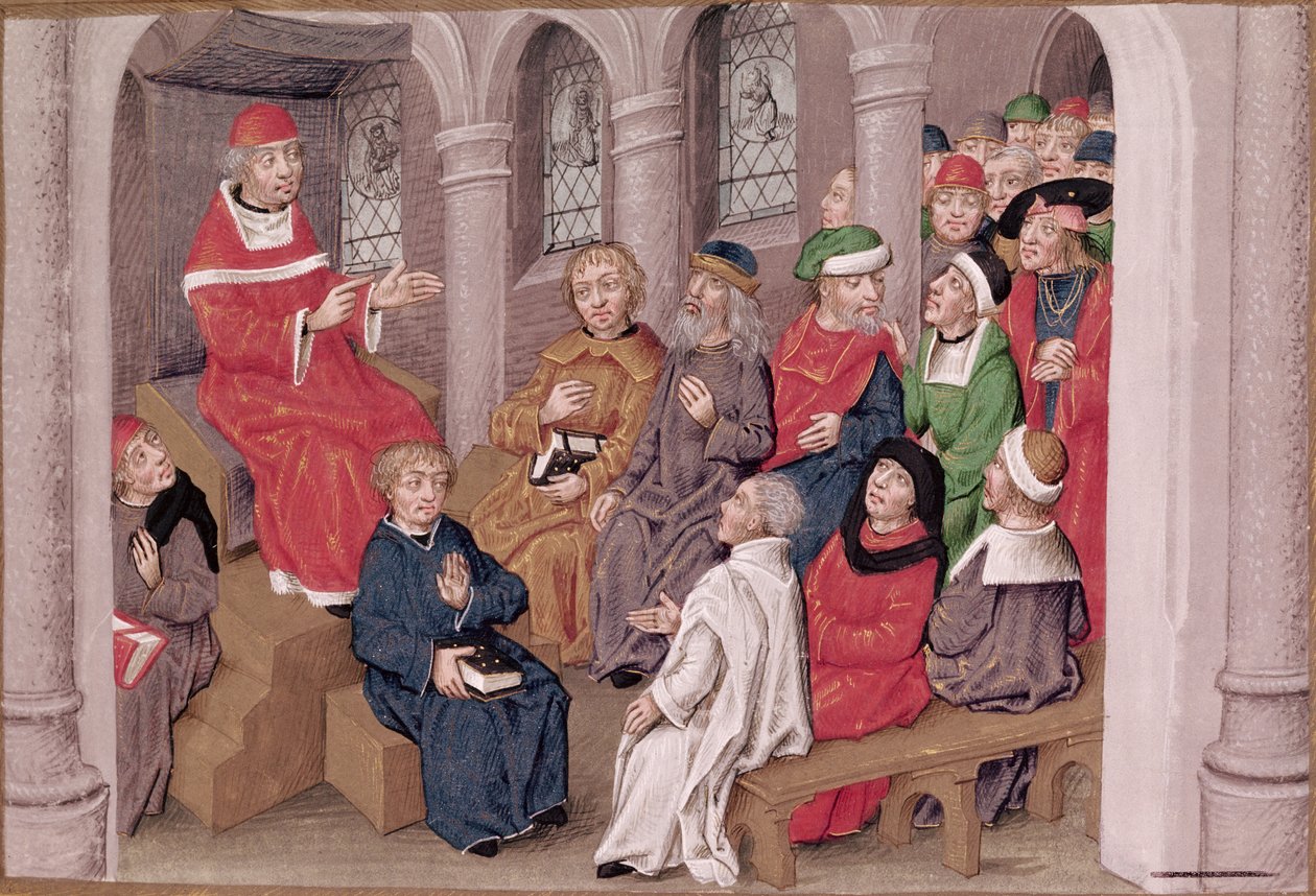 Ms 230 fol.25 Jean de Gerson (1363-1429) głoszący Mękę Pańską po obiedzie w kościele św. Bernarda w Paryżu, z Sermons sur la Passion et Traites Divers, ok. 1480 autorstwa French School